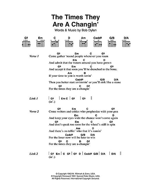 Download Bob Dylan The Times They Are A-Changin' sheet music and printable PDF score & Rock music notes