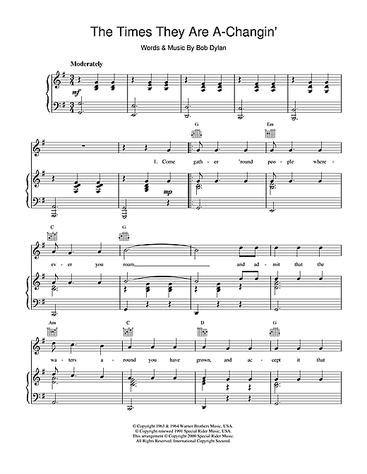 Preview Bob Dylan The Times They Are A-Changin' Folk sheet music, notes and chords for Piano & Vocal, SKU: 121430 sheet music, piano notes, chords, guitar tabs, score, transpose, transcribe, how to play, guide, download, learn, tutorial, progression, song, artist, awards, billboard, mtv, vh1, tour, single, album, release
