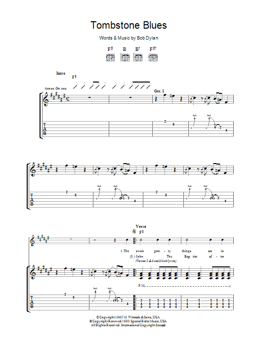 Download Bob Dylan Tombstone Blues sheet music and printable PDF score & Rock music notes