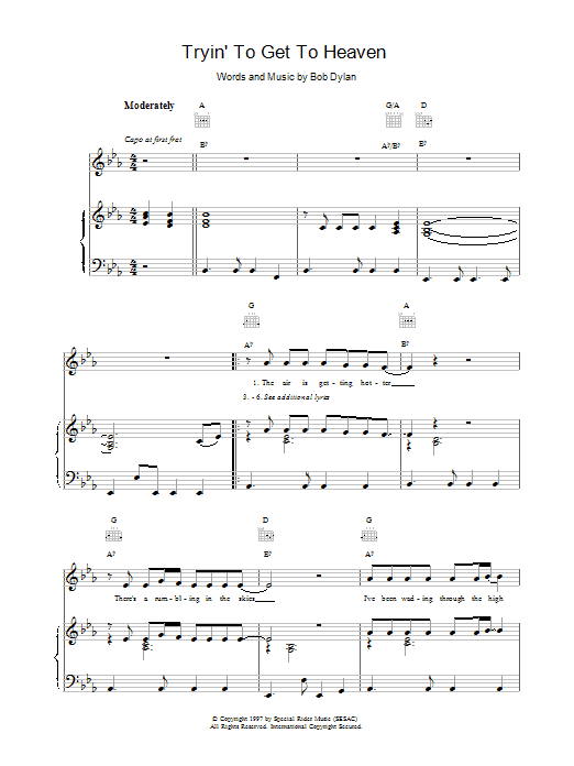 Download Bob Dylan Tryin'To Get To Heaven sheet music and printable PDF score & Pop music notes