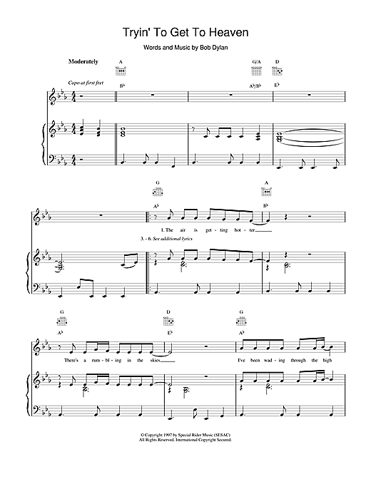 Preview Bob Dylan Tryin'To Get To Heaven Pop sheet music, notes and chords for Piano, Vocal & Guitar (Right-Hand Melody), SKU: 17223 sheet music, piano notes, chords, guitar tabs, score, transpose, transcribe, how to play, guide, download, learn, tutorial, progression, song, artist, awards, billboard, mtv, vh1, tour, single, album, release