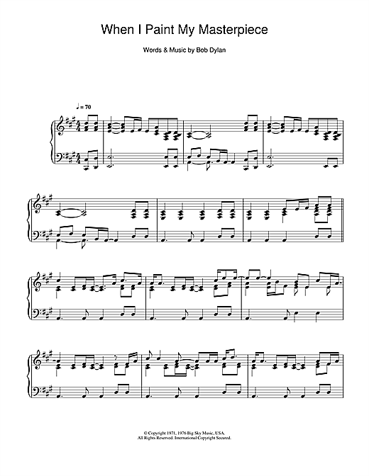 Preview Bob Dylan When I Paint My Masterpiece Folk sheet music, notes and chords for Piano, SKU: 114324 sheet music, piano notes, chords, guitar tabs, score, transpose, transcribe, how to play, guide, download, learn, tutorial, progression, song, artist, awards, billboard, mtv, vh1, tour, single, album, release