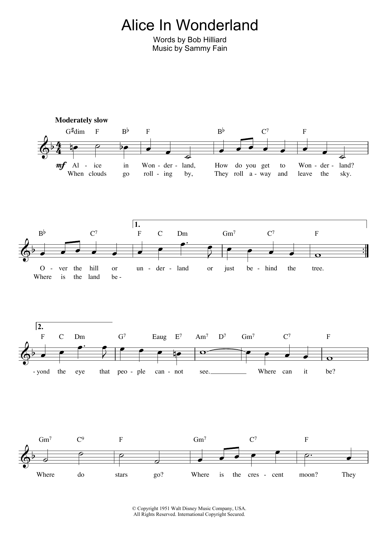 Preview Sammy Fain Alice In Wonderland Film and TV sheet music, notes and chords for Melody Line, Lyrics & Chords, SKU: 13927 Download Sammy Fain Alice In Wonderland sheet music and printable PDF score & Film and TV music notes