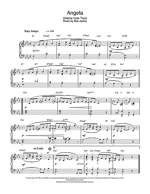 Preview Bob James Angela (theme from Taxi) Film and TV sheet music, notes and chords for Piano (Big Notes), SKU: 51909 sheet music, piano notes, chords, guitar tabs, score, transpose, transcribe, how to play, guide, download, learn, tutorial, progression, song, artist, awards, billboard, mtv, vh1, tour, single, album, release