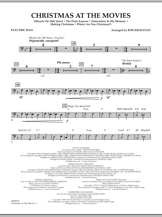 Preview Bob Krogstad Christmas At The Movies - Electric Bass Christmas sheet music, notes and chords for Full Orchestra, SKU: 286346 sheet music, piano notes, chords, guitar tabs, score, transpose, transcribe, how to play, guide, download, learn, tutorial, progression, song, artist, awards, billboard, mtv, vh1, tour, single, album, release
