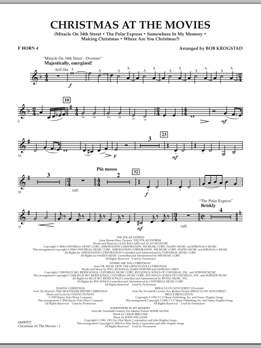 Preview Bob Krogstad Christmas At The Movies - F Horn 4 Christmas sheet music, notes and chords for Full Orchestra, SKU: 286341 sheet music, piano notes, chords, guitar tabs, score, transpose, transcribe, how to play, guide, download, learn, tutorial, progression, song, artist, awards, billboard, mtv, vh1, tour, single, album, release