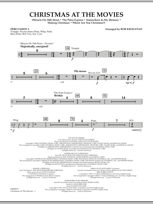 Preview Bob Krogstad Christmas At The Movies - Percussion 2 Christmas sheet music, notes and chords for Full Orchestra, SKU: 286349 sheet music, piano notes, chords, guitar tabs, score, transpose, transcribe, how to play, guide, download, learn, tutorial, progression, song, artist, awards, billboard, mtv, vh1, tour, single, album, release