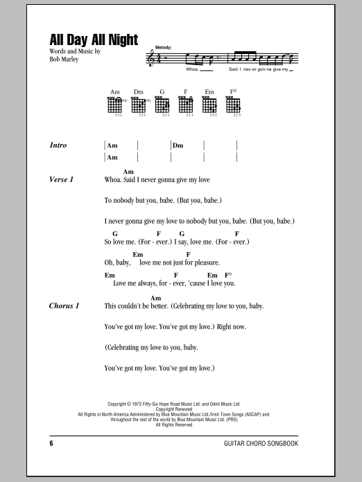 Download Bob Marley All Day All Night sheet music and printable PDF score & Pop music notes