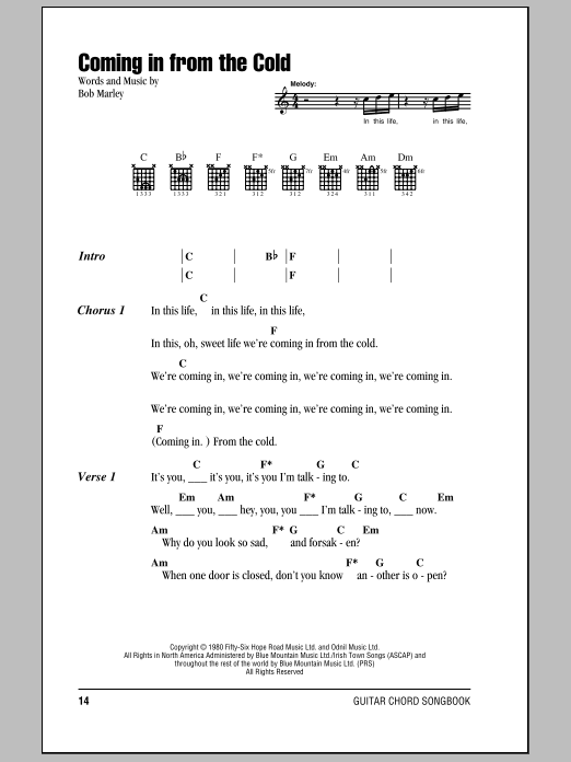 Preview Bob Marley Coming In From The Cold Pop sheet music, notes and chords for Lyrics & Chords, SKU: 79119 Download Bob Marley Coming In From The Cold sheet music and printable PDF score & Pop music notes