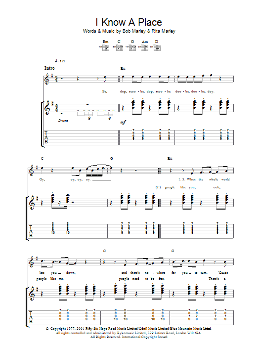 Preview Bob Marley I Know A Place Reggae sheet music, notes and chords for Guitar Tab, SKU: 32098 Download Bob Marley I Know A Place sheet music and printable PDF score & Reggae music notes