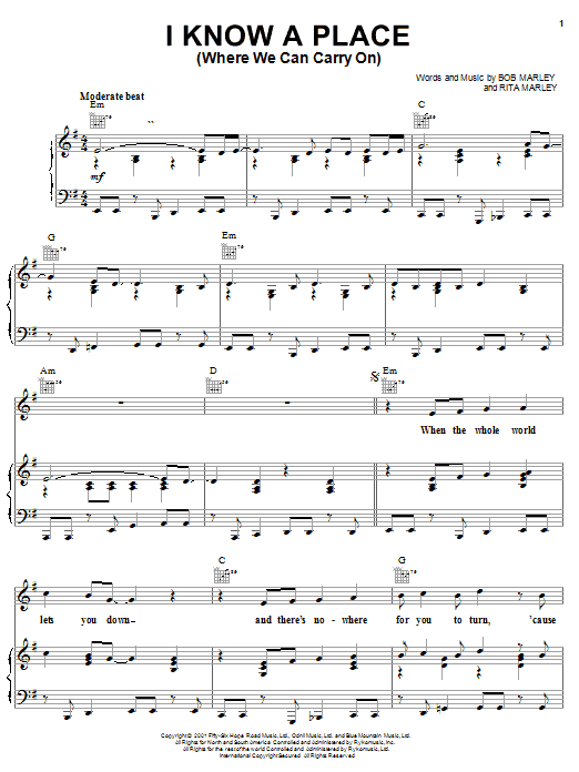 Preview Bob Marley I Know A Place (Where We Can Carry On) Reggae sheet music, notes and chords for Piano, Vocal & Guitar (Right-Hand Melody), SKU: 21764 Download Bob Marley I Know A Place (Where We Can Carry On) sheet music and printable PDF score & Reggae music notes