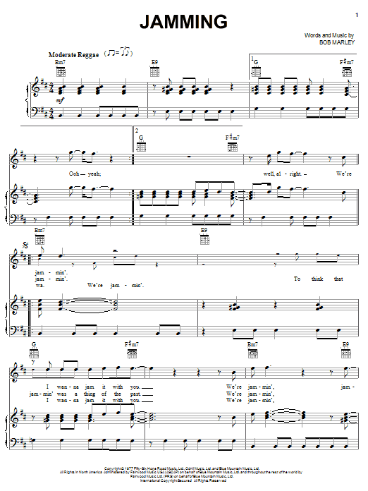Preview Bob Marley Jamming Pop sheet music, notes and chords for Piano, Vocal & Guitar (Right-Hand Melody), SKU: 21772 sheet music, piano notes, chords, guitar tabs, score, transpose, transcribe, how to play, guide, download, learn, tutorial, progression, song, artist, awards, billboard, mtv, vh1, tour, single, album, release