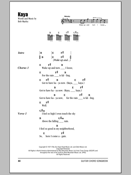 Download Bob Marley Kaya sheet music and printable PDF score & Pop music notes