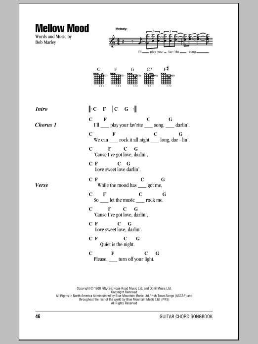 Preview Bob Marley Mellow Mood Pop sheet music, notes and chords for Lyrics & Chords, SKU: 79088 Download Bob Marley Mellow Mood sheet music and printable PDF score & Pop music notes