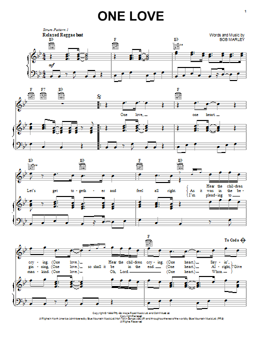 Download Bob Marley One Love sheet music and printable PDF score & Ballad music notes