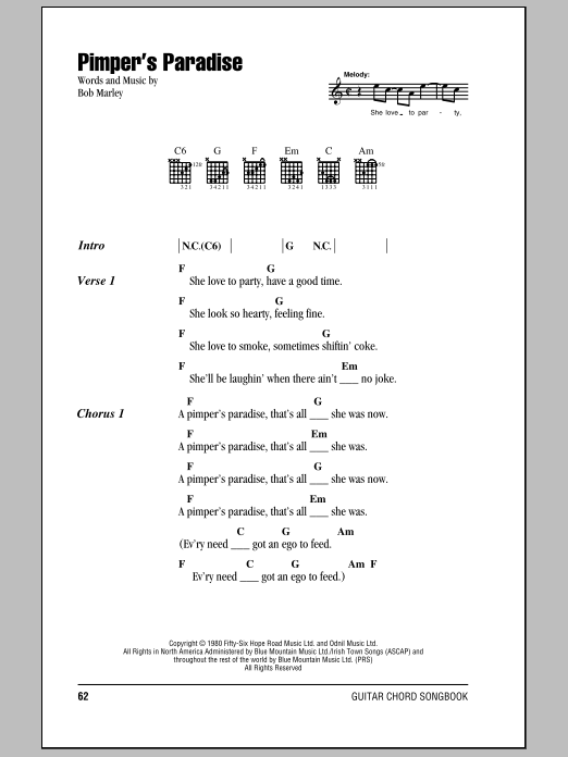 Download Bob Marley Pimper's Paradise sheet music and printable PDF score & Pop music notes
