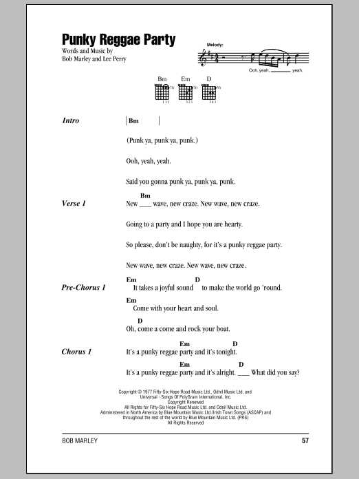 Preview Bob Marley Punky Reggae Party Pop sheet music, notes and chords for Lyrics & Chords, SKU: 79112 sheet music, piano notes, chords, guitar tabs, score, transpose, transcribe, how to play, guide, download, learn, tutorial, progression, song, artist, awards, billboard, mtv, vh1, tour, single, album, release