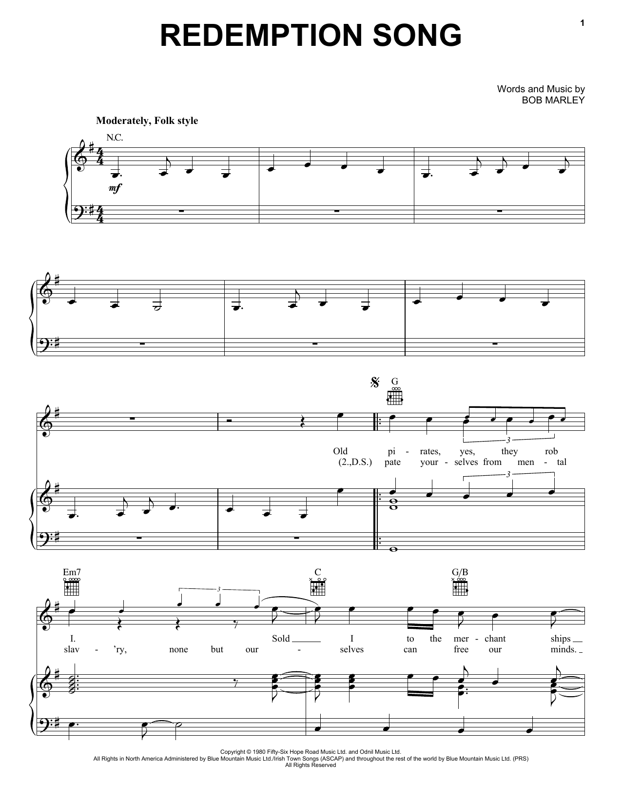 Download Bob Marley Redemption Song sheet music and printable PDF score & Reggae music notes