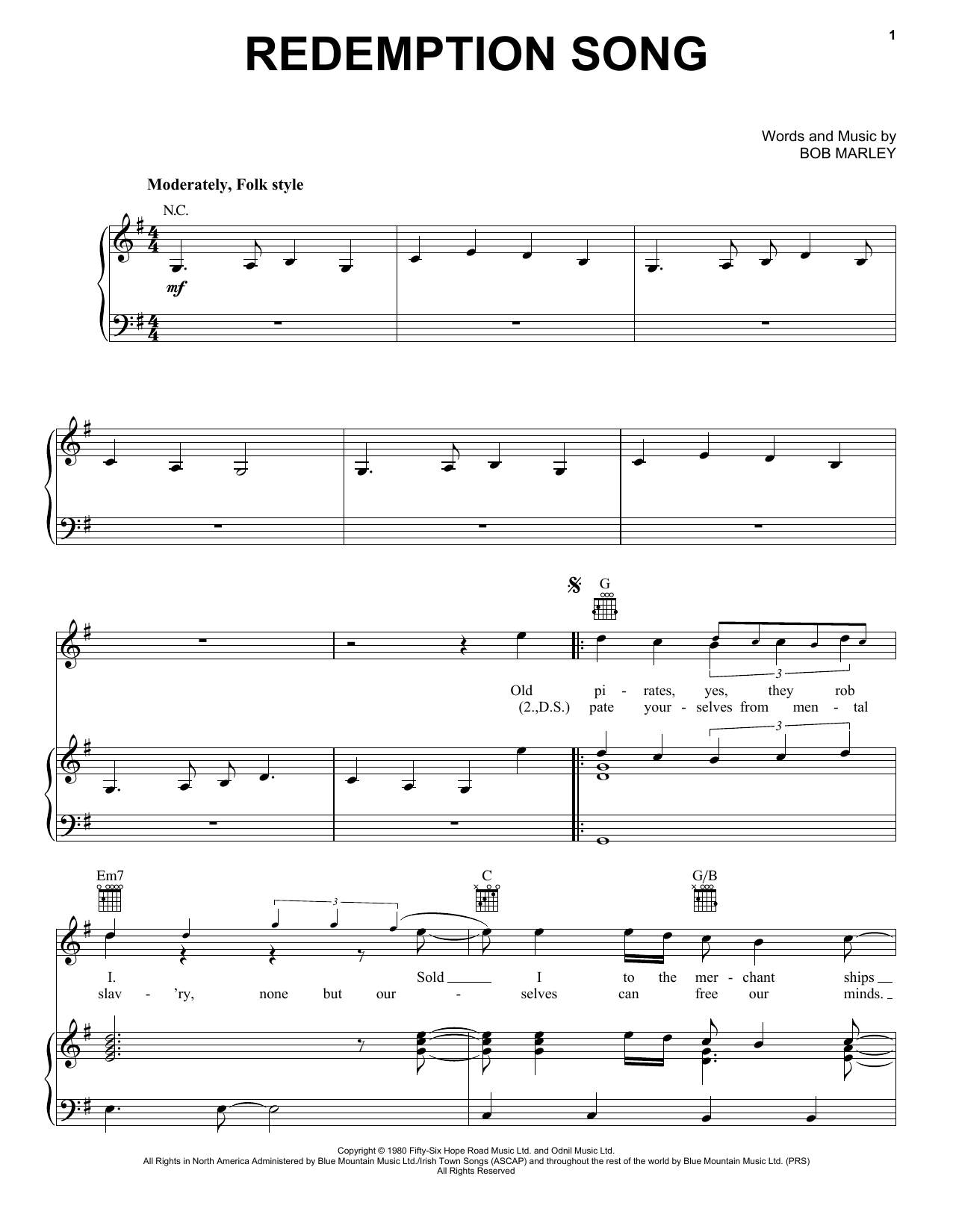 Preview Bob Marley Redemption Song Pop sheet music, notes and chords for Piano, Vocal & Guitar (Right-Hand Melody), SKU: 21775 sheet music, piano notes, chords, guitar tabs, score, transpose, transcribe, how to play, guide, download, learn, tutorial, progression, song, artist, awards, billboard, mtv, vh1, tour, single, album, release