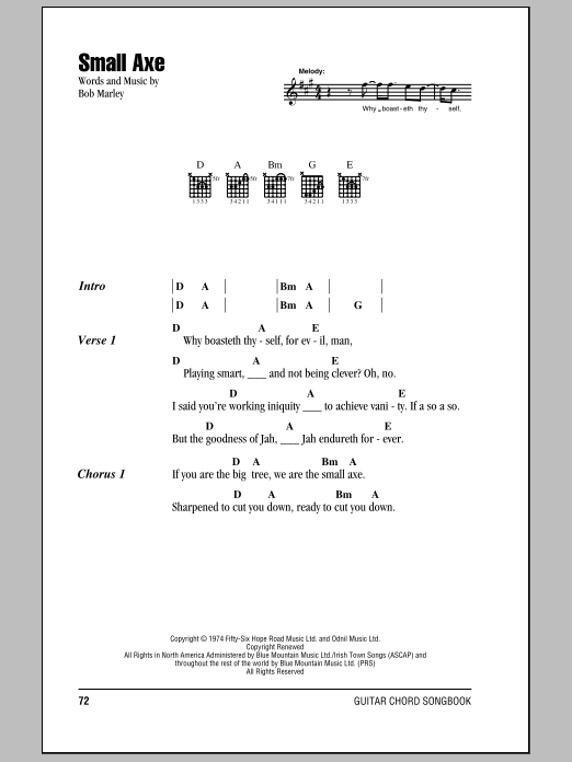 Download Bob Marley Small Axe sheet music and printable PDF score & Pop music notes