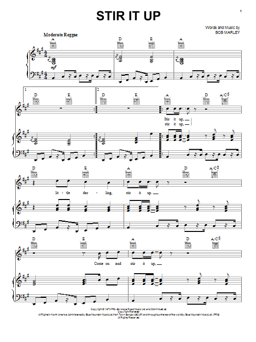 Download Bob Marley Stir It Up sheet music and printable PDF score & Pop music notes