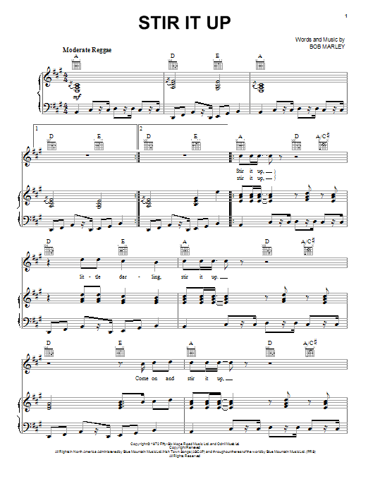 Preview Bob Marley Stir It Up Reggae sheet music, notes and chords for Piano, Vocal & Guitar (Right-Hand Melody), SKU: 21777 sheet music, piano notes, chords, guitar tabs, score, transpose, transcribe, how to play, guide, download, learn, tutorial, progression, song, artist, awards, billboard, mtv, vh1, tour, single, album, release