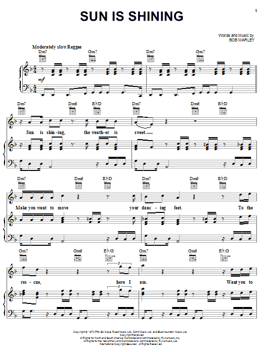 Preview Bob Marley Sun Is Shining Reggae sheet music, notes and chords for Piano, Vocal & Guitar (Right-Hand Melody), SKU: 21778 sheet music, piano notes, chords, guitar tabs, score, transpose, transcribe, how to play, guide, download, learn, tutorial, progression, song, artist, awards, billboard, mtv, vh1, tour, single, album, release