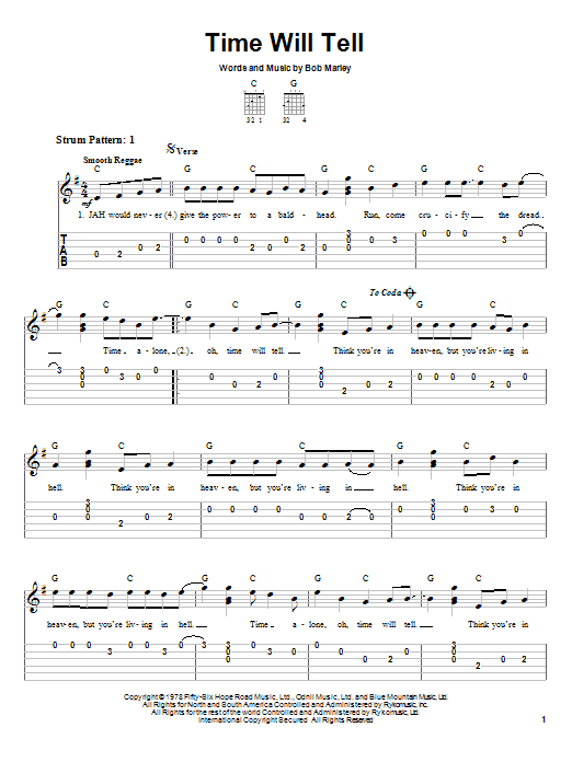Download Bob Marley Time Will Tell sheet music and printable PDF score & Pop music notes