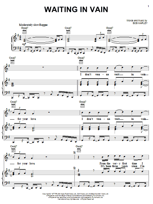 Preview Bob Marley Waiting In Vain Reggae sheet music, notes and chords for Piano, Vocal & Guitar (Right-Hand Melody), SKU: 18607 Download Bob Marley Waiting In Vain sheet music and printable PDF score & Reggae music notes