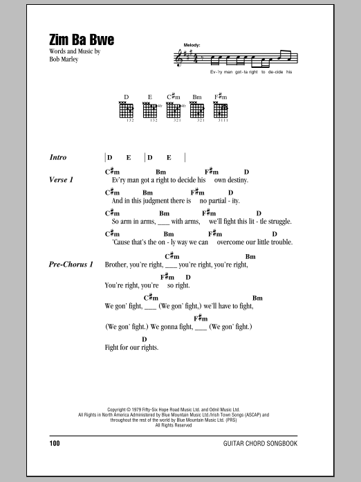Preview Bob Marley Zim Ba Bwe Pop sheet music, notes and chords for Lyrics & Chords, SKU: 79080 Download Bob Marley Zim Ba Bwe sheet music and printable PDF score & Pop music notes