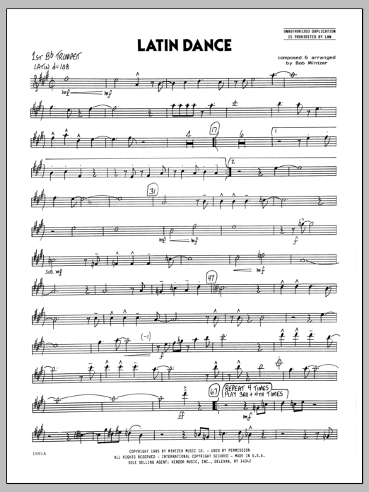 Preview Bob Mintzer Latin Dance - 1st Bb Trumpet Jazz sheet music, notes and chords for Jazz Ensemble, SKU: 334869 Download Bob Mintzer Latin Dance - 1st Bb Trumpet sheet music and printable PDF score & Jazz music notes