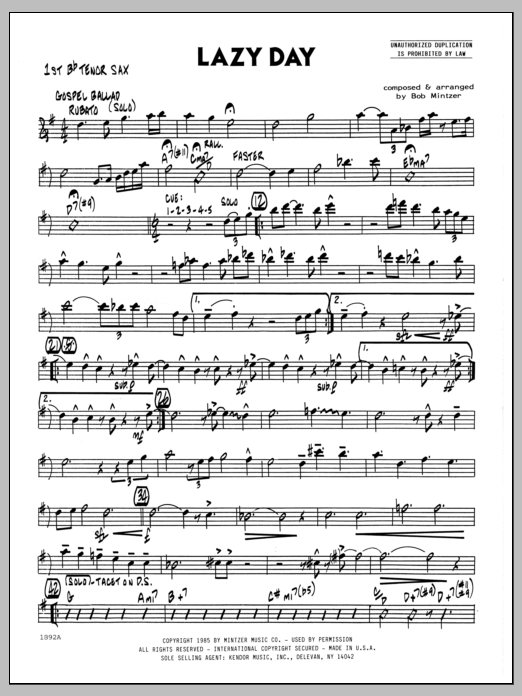 Download Bob Mintzer Lazy Day - 1st Bb Tenor Saxophone sheet music and printable PDF score & Jazz music notes