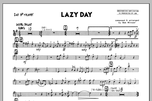 Preview Bob Mintzer Lazy Day - 2nd Bb Trumpet Jazz sheet music, notes and chords for Jazz Ensemble, SKU: 334746 Download Bob Mintzer Lazy Day - 2nd Bb Trumpet sheet music and printable PDF score & Jazz music notes