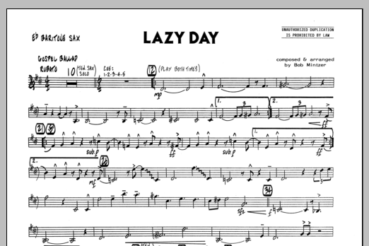 Preview Bob Mintzer Lazy Day - Baritone Sax Jazz sheet music, notes and chords for Jazz Ensemble, SKU: 334744 Download Bob Mintzer Lazy Day - Baritone Sax sheet music and printable PDF score & Jazz music notes