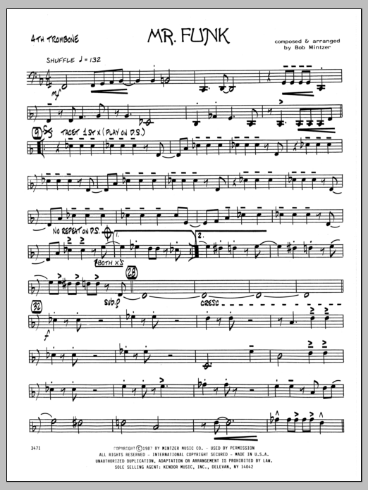 Preview Bob Mintzer Mr. Funk - 4th Trombone Jazz sheet music, notes and chords for Jazz Ensemble, SKU: 334216 Download Bob Mintzer Mr. Funk - 4th Trombone sheet music and printable PDF score & Jazz music notes