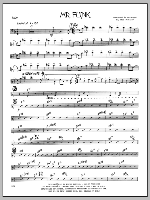 Preview Bob Mintzer Mr. Funk - Bass Jazz sheet music, notes and chords for Jazz Ensemble, SKU: 334219 Download Bob Mintzer Mr. Funk - Bass sheet music and printable PDF score & Jazz music notes