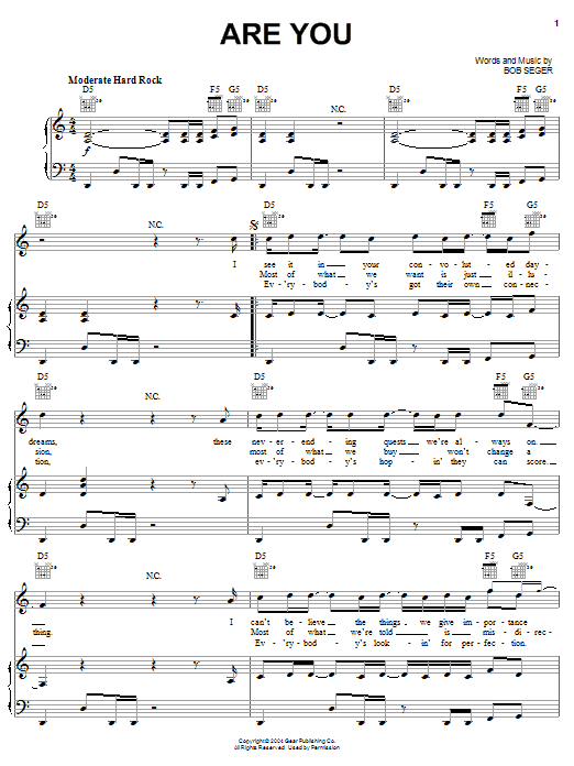 Download Bob Seger Are You sheet music and printable PDF score & Rock music notes