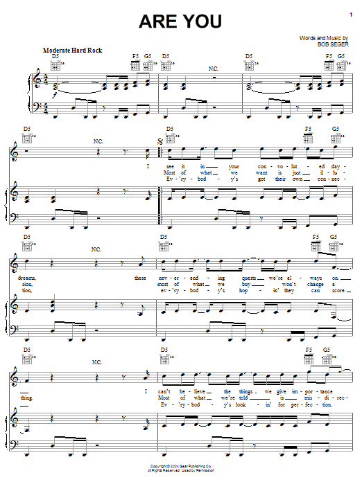 Preview Bob Seger Are You Rock sheet music, notes and chords for Piano, Vocal & Guitar (Right-Hand Melody), SKU: 59068 sheet music, piano notes, chords, guitar tabs, score, transpose, transcribe, how to play, guide, download, learn, tutorial, progression, song, artist, awards, billboard, mtv, vh1, tour, single, album, release