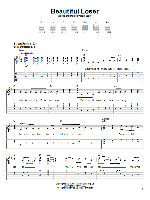 Download Bob Seger Beautiful Loser sheet music and printable PDF score & Rock music notes