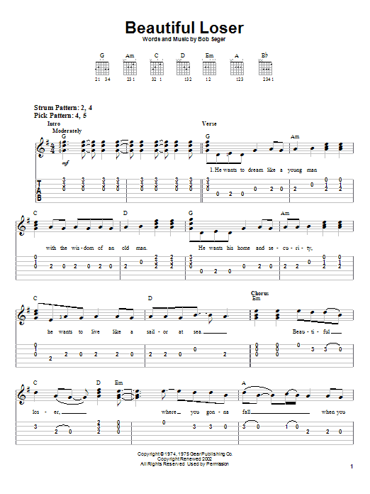 Preview Bob Seger Beautiful Loser Rock sheet music, notes and chords for Lyrics & Chords, SKU: 79665 Download Bob Seger Beautiful Loser sheet music and printable PDF score & Rock music notes