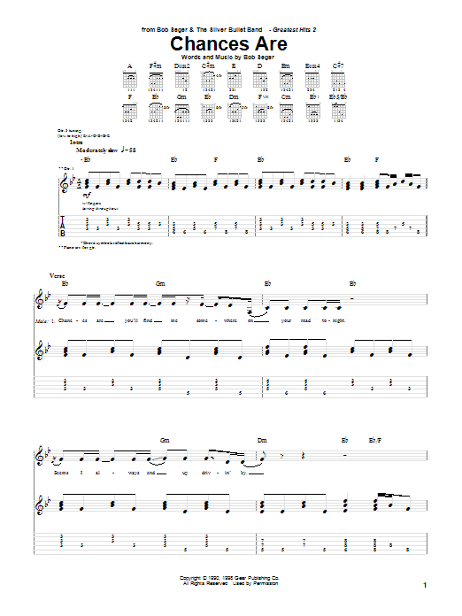 Download Bob Seger Chances Are sheet music and printable PDF score & Rock music notes