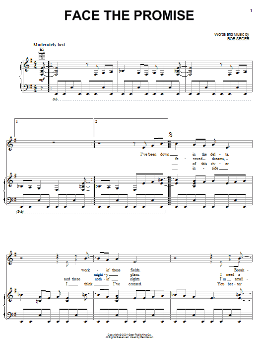 Preview Bob Seger Face The Promise Rock sheet music, notes and chords for Piano, Vocal & Guitar (Right-Hand Melody), SKU: 59070 sheet music, piano notes, chords, guitar tabs, score, transpose, transcribe, how to play, guide, download, learn, tutorial, progression, song, artist, awards, billboard, mtv, vh1, tour, single, album, release