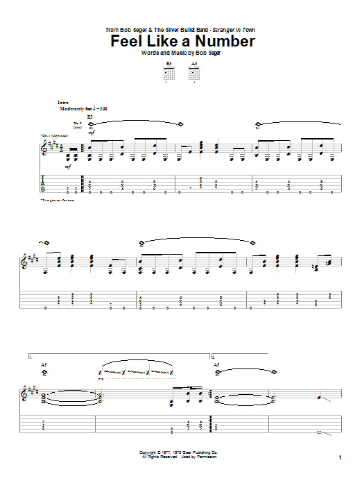 Preview Bob Seger Feel Like A Number Rock sheet music, notes and chords for Guitar Tab, SKU: 24226 sheet music, piano notes, chords, guitar tabs, score, transpose, transcribe, how to play, guide, download, learn, tutorial, progression, song, artist, awards, billboard, mtv, vh1, tour, single, album, release