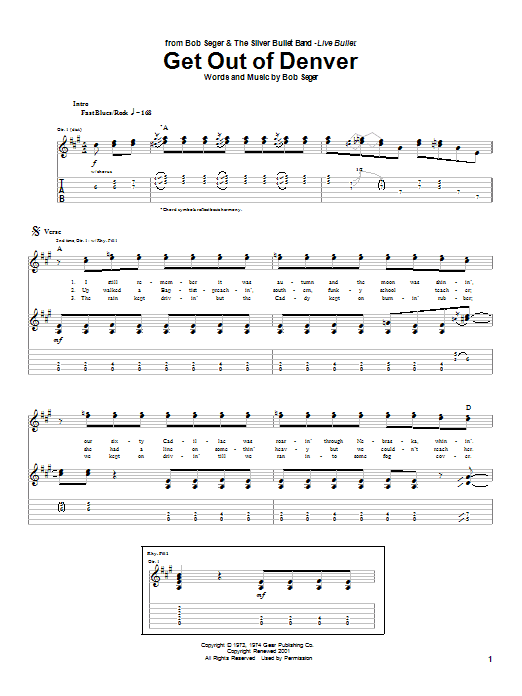 Preview Bob Seger Get Out Of Denver Rock sheet music, notes and chords for Guitar Tab, SKU: 24220 sheet music, piano notes, chords, guitar tabs, score, transpose, transcribe, how to play, guide, download, learn, tutorial, progression, song, artist, awards, billboard, mtv, vh1, tour, single, album, release