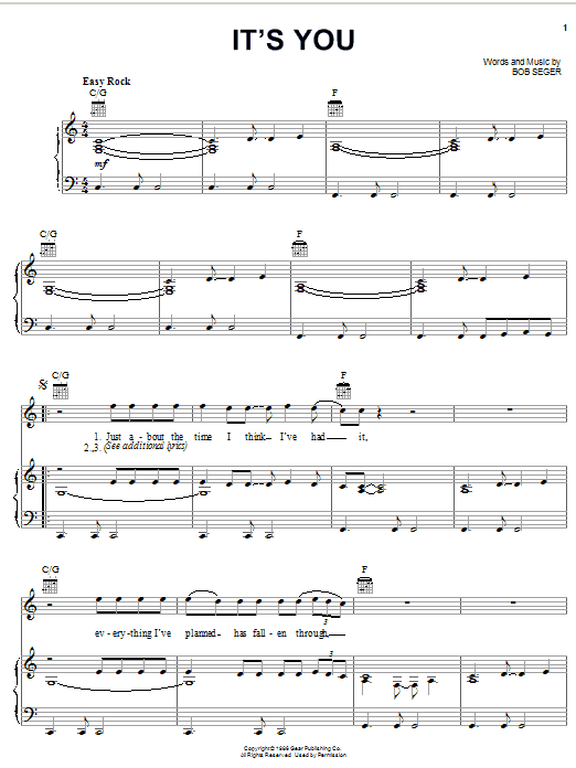 Download Bob Seger It's You sheet music and printable PDF score & Rock music notes