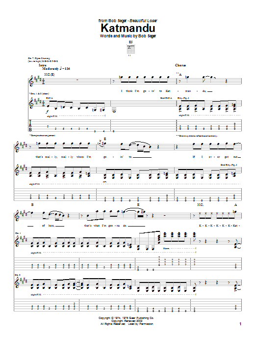 Preview Bob Seger Katmandu Rock sheet music, notes and chords for Lyrics & Chords, SKU: 79634 Download Bob Seger Katmandu sheet music and printable PDF score & Rock music notes