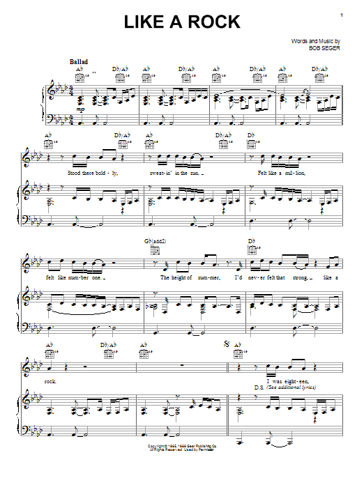 Preview Bob Seger Like A Rock Pop sheet music, notes and chords for Guitar Tab (Single Guitar), SKU: 470257 sheet music, piano notes, chords, guitar tabs, score, transpose, transcribe, how to play, guide, download, learn, tutorial, progression, song, artist, awards, billboard, mtv, vh1, tour, single, album, release