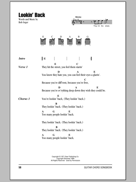 Preview Bob Seger Lookin' Back Rock sheet music, notes and chords for Lyrics & Chords, SKU: 79635 Download Bob Seger Lookin' Back sheet music and printable PDF score & Rock music notes