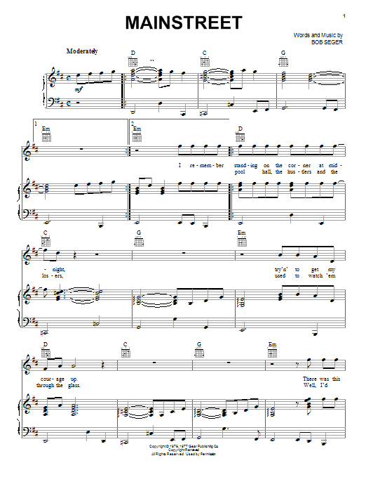 Preview Bob Seger Mainstreet Rock sheet music, notes and chords for Lyrics & Chords, SKU: 79642 Download Bob Seger Mainstreet sheet music and printable PDF score & Rock music notes