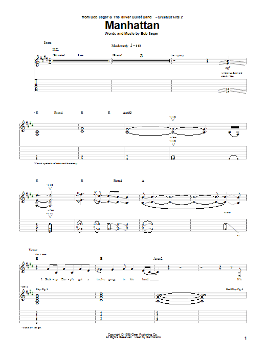 Preview Bob Seger Manhattan Rock sheet music, notes and chords for Guitar Tab, SKU: 28015 sheet music, piano notes, chords, guitar tabs, score, transpose, transcribe, how to play, guide, download, learn, tutorial, progression, song, artist, awards, billboard, mtv, vh1, tour, single, album, release
